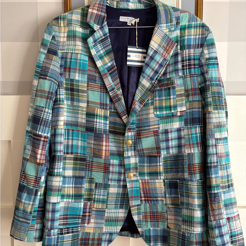 Vintage Preppy Classic Cotton Patchwork Plaid Sport Coat in Teal & Blue Size 46 - Picture 3 of 6